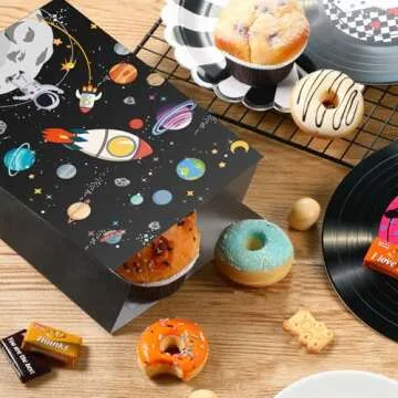 Outer Space Gift Bags Galaxy Party Favor Planet Paper Treat Goodie Bags for Birthday Space Theme Party Supplies (With Handles,12 Pack)