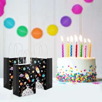 Outer Space Gift Bags Galaxy Party Favor Planet Paper Treat Goodie Bags for Birthday Space Theme Party Supplies (With Handles,12 Pack)