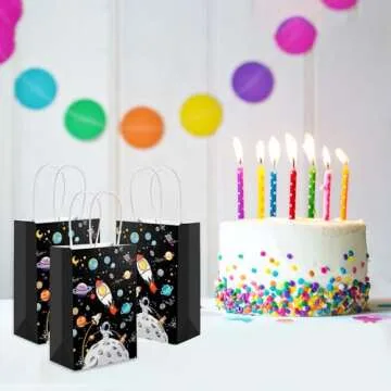 Outer Space Gift Bags Galaxy Party Favor Planet Paper Treat Goodie Bags for Birthday Space Theme Party Supplies (With Handles,12 Pack)