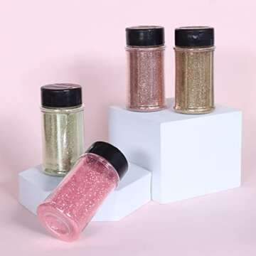 Laza Spring Ultra Fine Glitter Powder, 4 Colors 320ml Craft Glitter Sequins, Rose Gold PET Extra Fine Glitter for Flowers Resin, Nail Arts, Epoxy Tumbler, Decoration, Weddings, Wine Goblets- Pink Gold