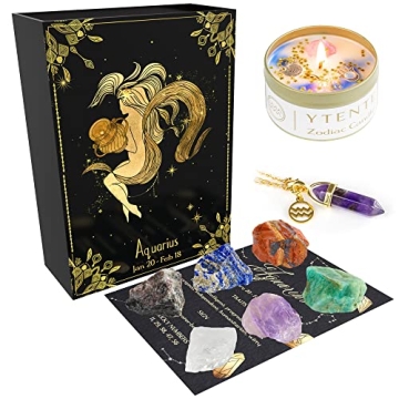 YTENTE Aquarius Zodiac Sign Soy Wax Scented Crystals Candle Healing Stones Gift Set with Horoscope S...