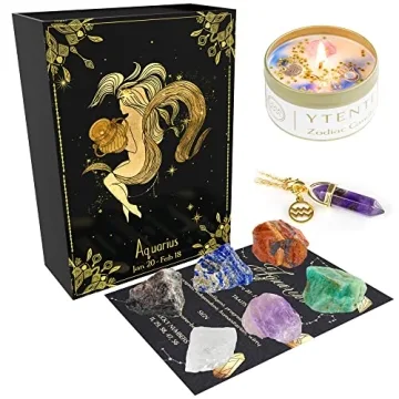 YTENTE Aquarius Zodiac Sign Soy Wax Scented Crystals Candle Healing Stones Gift Set with Horoscope S...