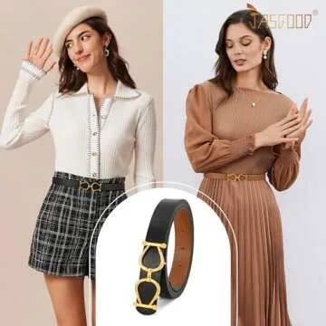 Stylish JASGOOD Women Reversible Leather Belt with Gold Buckle