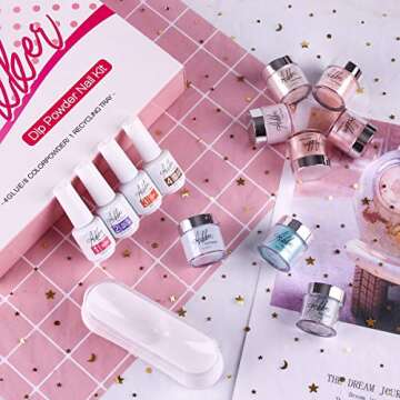 Aikker Dipping Powder Nail Kit 8 Shiny Colors White Pink Blue with Base Top Coat for Beginner Nail Art Design AK11