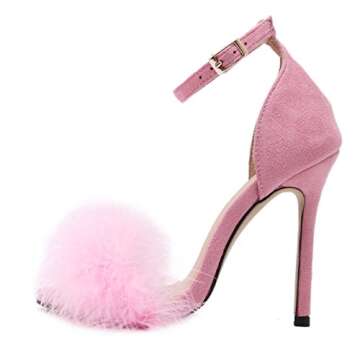 MMJULY Women's Open Toe Ankle Strap Fluffy Feather Stiletto High Heel Dress Sandal Pink US 7.5