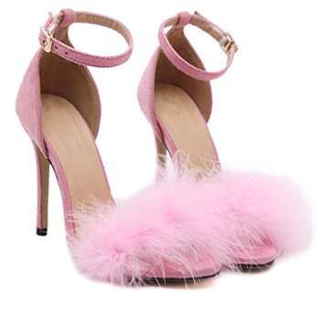 MMJULY Women's Open Toe Ankle Strap Fluffy Feather Stiletto High Heel Dress Sandal Pink US 7.5