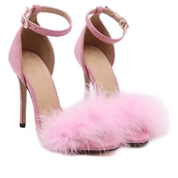 MMJULY Women's Open Toe Ankle Strap Fluffy Feather Stiletto High Heel Dress Sandal Pink US 7.5