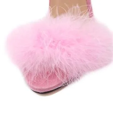 MMJULY Women's Open Toe Ankle Strap Fluffy Feather Stiletto High Heel Dress Sandal Pink US 7.5