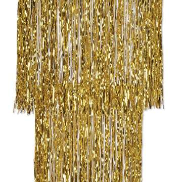 Beistle 3-Tier Shimmering Metallic Plastic Tinsel Fringed Chandelier Hanging Décor for Birthday Or Wedding Photo Backdrop, 4', Gold