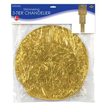 Beistle 3-Tier Shimmering Metallic Plastic Tinsel Fringed Chandelier Hanging Décor for Birthday Or Wedding Photo Backdrop, 4', Gold