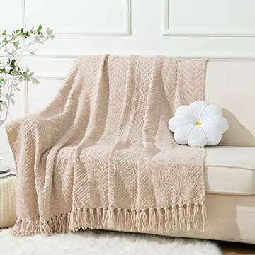 BATTILO HOME Beige Throw Blankets for Couch, Knitted Tan Throw Blanket for Twin Bed, Super Soft Warm...