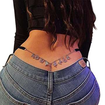 Women Rhinestone G-Thong - Sexy Aquarios Letter Underpants with Belly Chain