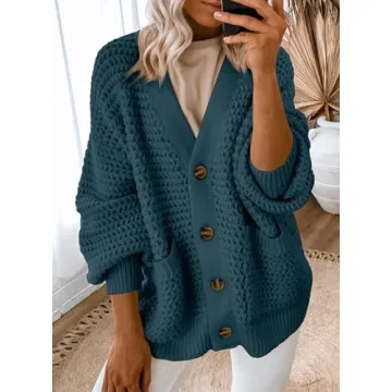 Dokotoo Womens Oversized Open Front Cardigan Sweaters for Women 2024 Fashion Ladies Fall Sweater Long Sleeve Autumn Chunky Fashion Soft Knit Winter Outerwear Coats Blue X-Large