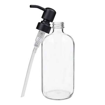Suwimut 4 Pack Glass Soap Dispenser with Matte Black Stainless Steel Pump, 16 Oz Clear Boston Round Bottles Bathroom Kitchen Soap Dispenser for Essential Oil, Dish Soap, Hand Soap, Lotion Soap