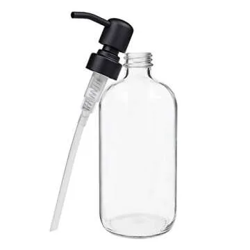 Suwimut 4 Pack Glass Soap Dispenser with Matte Black Stainless Steel Pump, 16 Oz Clear Boston Round Bottles Bathroom Kitchen Soap Dispenser for Essential Oil, Dish Soap, Hand Soap, Lotion Soap