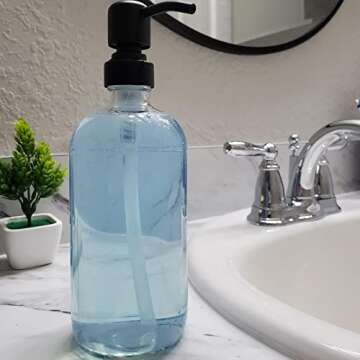 Suwimut 4 Pack Glass Soap Dispenser with Matte Black Stainless Steel Pump, 16 Oz Clear Boston Round Bottles Bathroom Kitchen Soap Dispenser for Essential Oil, Dish Soap, Hand Soap, Lotion Soap