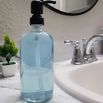 Suwimut 4 Pack Glass Soap Dispenser with Matte Black Stainless Steel Pump, 16 Oz Clear Boston Round Bottles Bathroom Kitchen Soap Dispenser for Essential Oil, Dish Soap, Hand Soap, Lotion Soap