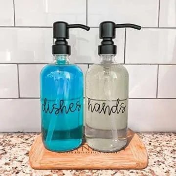 Suwimut 4 Pack Glass Soap Dispenser with Matte Black Stainless Steel Pump, 16 Oz Clear Boston Round Bottles Bathroom Kitchen Soap Dispenser for Essential Oil, Dish Soap, Hand Soap, Lotion Soap