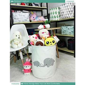 FANKANG Storage Basket, Nursery Hamper Canvas Laundry Basket Foldable with Waterproof PE Coating Large Storage Baskets for Kids Boys and Girls, Office, Bedroom, Clothes,Toys（Love Elephant）