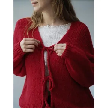 Women Tie Front Oversized Knitted Cardigan Y2k Girls Knitwear Sweater Top Lantern Sleeve Open Front Cardigan (Red #001, L)