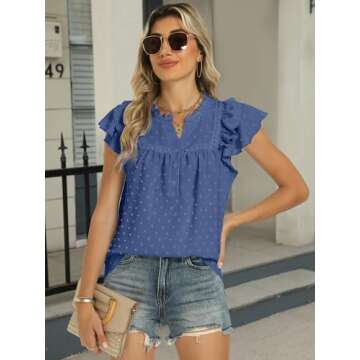 ANRABESS Womens Dressy Casual Tops Short Sleeve Swiss Dot V Neck Ruffle Blouse Business Lace Chiffon...