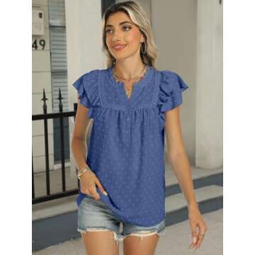 ANRABESS Womens Dressy Casual Tops Short Sleeve Swiss Dot V Neck Ruffle Blouse Business Lace Chiffon Button Shirt Summer Blue Small