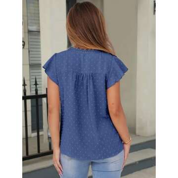ANRABESS Womens Dressy Casual Tops Short Sleeve Swiss Dot V Neck Ruffle Blouse Business Lace Chiffon Button Shirt Summer Blue Small