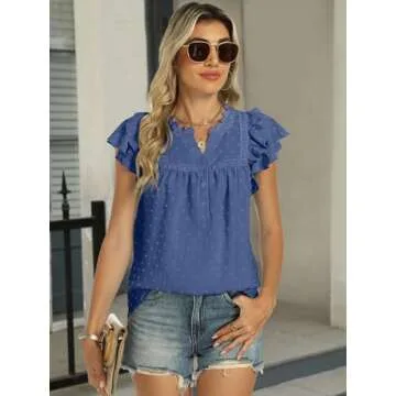 ANRABESS Womens Dressy Casual Tops Short Sleeve Swiss Dot V Neck Ruffle Blouse Business Lace Chiffon Button Shirt Summer Blue Small