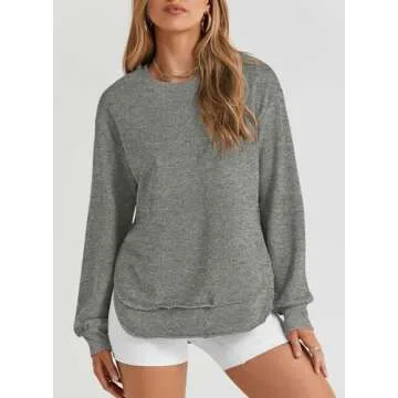 EVALESS Womens Sweatshirt Casual Long Sleeve Tunic Tops Comfort Colors Crewneck Cotton Sweatshirts for Women Fall Fashion 2025 Outfits Loose Side Split Irregular Curved Hem Workout Tops Gray Large