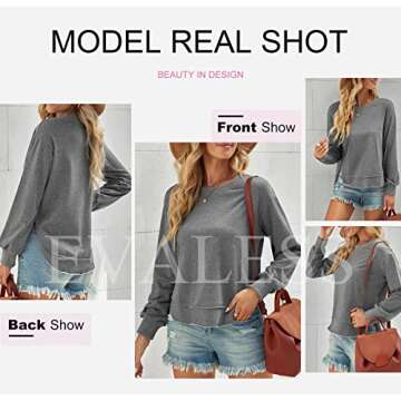 EVALESS Womens Sweatshirt Casual Long Sleeve Tunic Tops Comfort Colors Crewneck Cotton Sweatshirts for Women Fall Fashion 2025 Outfits Loose Side Split Irregular Curved Hem Workout Tops Gray Large