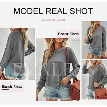EVALESS Womens Sweatshirt Casual Long Sleeve Tunic Tops Comfort Colors Crewneck Cotton Sweatshirts for Women Fall Fashion 2025 Outfits Loose Side Split Irregular Curved Hem Workout Tops Gray Large