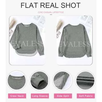 EVALESS Womens Sweatshirt Casual Long Sleeve Tunic Tops Comfort Colors Crewneck Cotton Sweatshirts for Women Fall Fashion 2025 Outfits Loose Side Split Irregular Curved Hem Workout Tops Gray Large