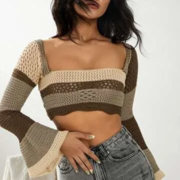 Y2k Women Long Sleeve Crochet Knit Crop Top - Chic Style