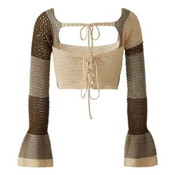 Y2k Women Long Sleeve Crochet Knit Crop Top - Chic Style