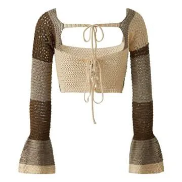 Y2k Women Long Sleeve Crochet Knit Crop Top - Chic Style