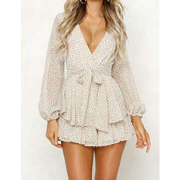 Relipop Women's Polka Dot Jumpsuits Deep V-Neck Long Sleeve Knot Front Ruffle Hem Floral Rompers Beige