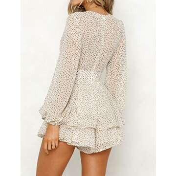 Relipop Women's Polka Dot Jumpsuits Deep V-Neck Long Sleeve Knot Front Ruffle Hem Floral Rompers Beige