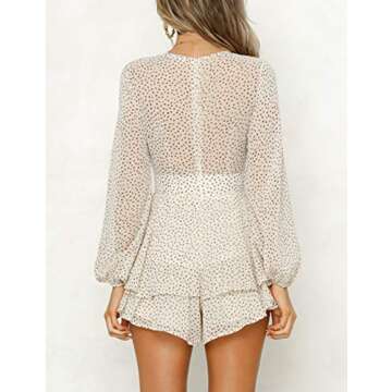 Relipop Women's Polka Dot Jumpsuits Deep V-Neck Long Sleeve Knot Front Ruffle Hem Floral Rompers Beige