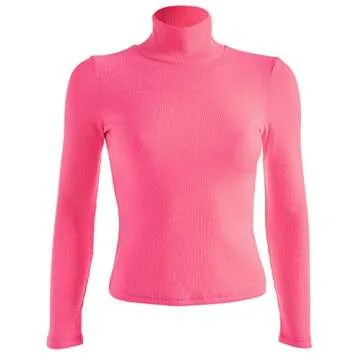 ECDAHICC Women's Turtleneck Rib Long Sleeve Fluorescent Pullover Sweatshirt Top(PI,S) Pink