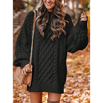 ANRABESS Women Long Sleeve Oversized Cable Knit Chunky Baggy Loose Pullover Tunic Mini Sweater Dress 2024 Trendy Fall Outfits Black X-Large