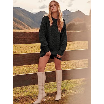 ANRABESS Women Long Sleeve Oversized Cable Knit Chunky Baggy Loose Pullover Tunic Mini Sweater Dress 2024 Trendy Fall Outfits Black X-Large