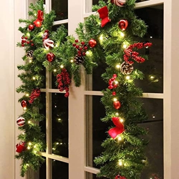 MorTime LED 9 FT Christmas Garland with Pinecones and Lights