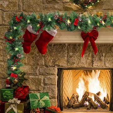 MorTime LED 9 FT Christmas Garland with Pinecones and Lights