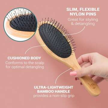 Detangler Bristle Bamboo Hair Brush - For Women, Men, and Kids, Versatile for Wet or Dry Hair, Use With Hair Products