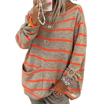Akivide Women's Baggy Oversized Striped Sweater Trendy Color Block Casual Pullover Knit Tunic Sweate...