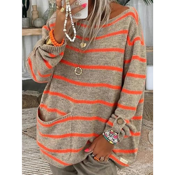 Akivide Women's Baggy Oversized Striped Sweater Trendy Color Block Casual Pullover Knit Tunic Sweater Jumper