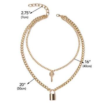 SCIONE Layered Necklaces for Women 14k Gold Plated Key and Lock Pendant Necklace Punk Chunky Gold Chain Necklace for Women Men