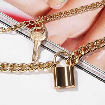 SCIONE Layered Necklaces for Women 14k Gold Plated Key and Lock Pendant Necklace Punk Chunky Gold Chain Necklace for Women Men