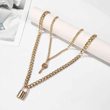 SCIONE Layered Necklaces for Women 14k Gold Plated Key and Lock Pendant Necklace Punk Chunky Gold Chain Necklace for Women Men