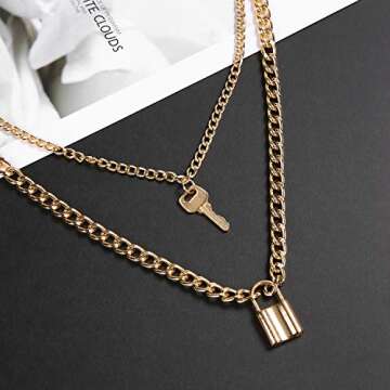 SCIONE Layered Necklaces for Women 14k Gold Plated Key and Lock Pendant Necklace Punk Chunky Gold Chain Necklace for Women Men